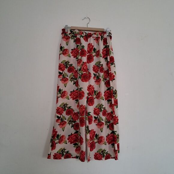 Vtg Minette Pants Women's S/M Roses Floral Romantic Cropped Y2K Palazzo Wide Leg - Picture 1 of 9